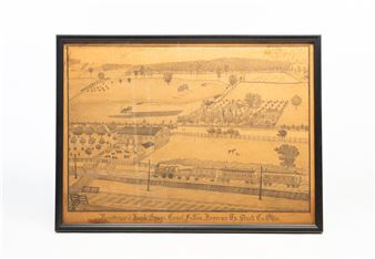A sepia-toned framed print depicting a rural landscape with a train and distant fields.