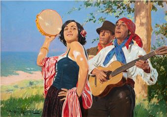 A vibrant oil painting of three figures performing music by the sea.