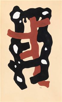 A bold abstract composition featuring a black, organic shape with white spots and intersecting red bands against a pale background.
