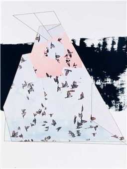 A geometric composition featuring a large triangular form filled with numerous small flying figures against a stark background.