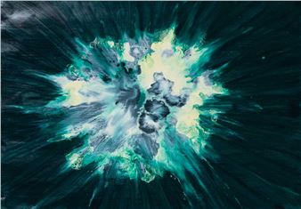 A dynamic abstract explosion of teal and white paint against a dark background.