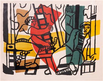 A bold, graphic print featuring two stylized figures in a vibrant, geometric composition.