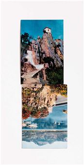 A vertical collage of layered landscape scenes featuring a rocky cliffside, a winding path, and a serene waterway with boats.