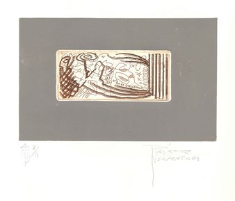 A rectangular etching featuring a surreal, abstract composition with organic shapes and geometric lines.