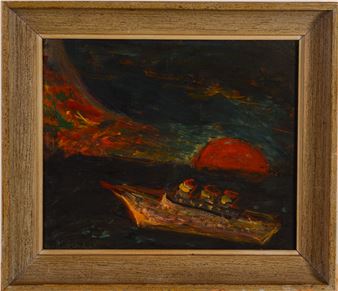 A dark seascape painting featuring a small boat under a large red moon.