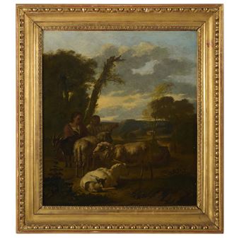 A pastoral scene depicting two figures with sheep in a landscape under a dramatic sky.