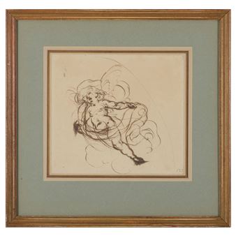 A dynamic ink sketch of a nude figure in motion, framed and mounted.