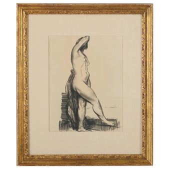 A framed charcoal study of a nude figure seated on a bench, rendered with strong contrasts and expressive hatching.
