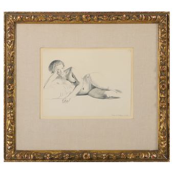 A framed charcoal drawing of a reclining nude figure on a neutral background.