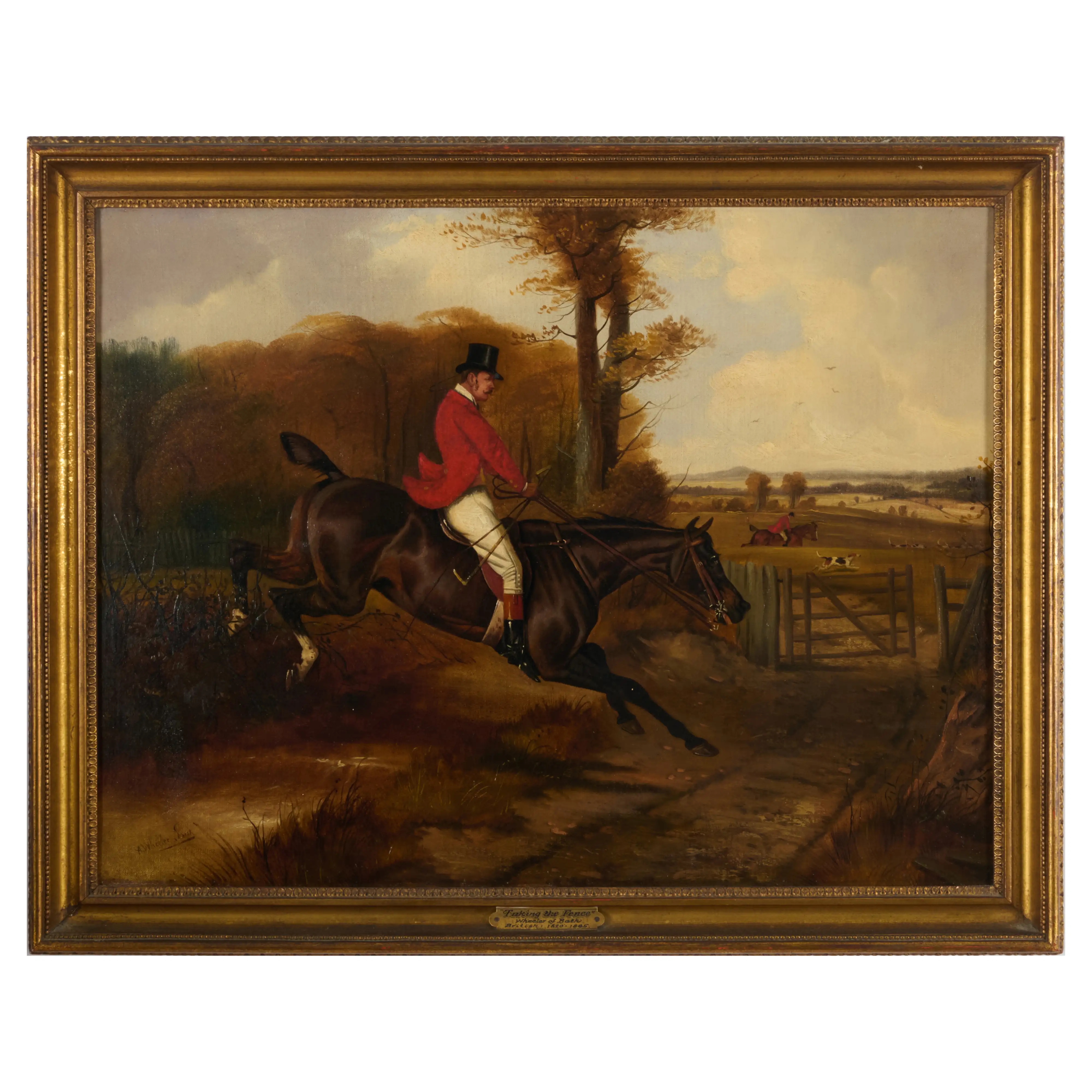 "A dynamic oil painting of a figure in red riding a dark horse over a fence in a rural landscape."
