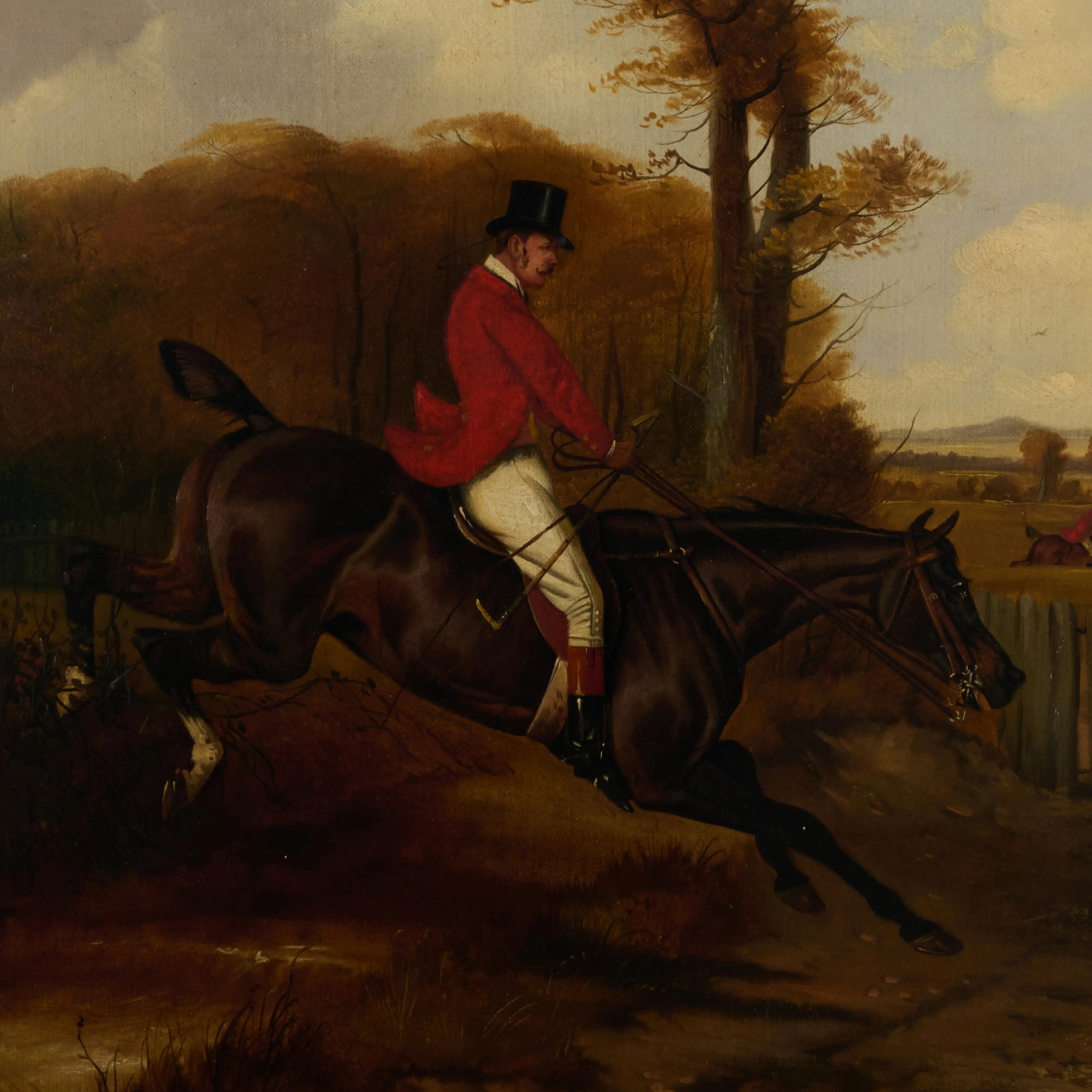 "A dynamic oil painting of a figure in red riding a dark horse over a fence in a rural landscape."