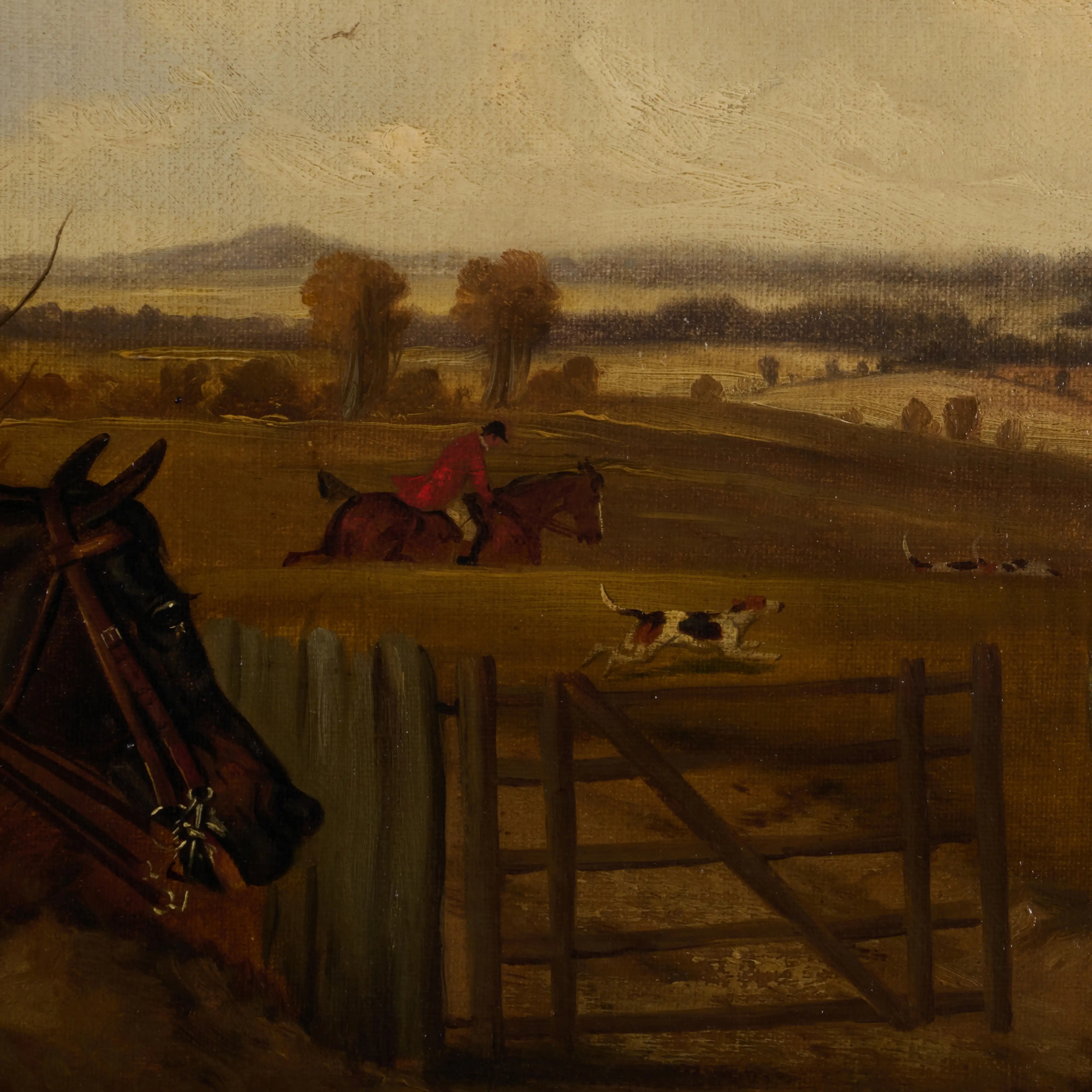 "A dynamic oil painting of a figure in red riding a dark horse over a fence in a rural landscape."