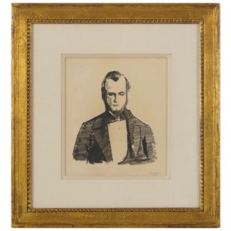 A framed charcoal sketch of a formally dressed figure against a neutral background.