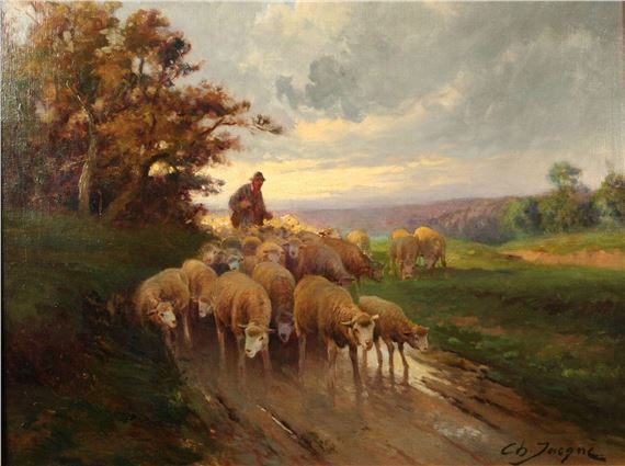 A pastoral oil painting of a shepherd guiding sheep along a muddy path through a rolling countryside.