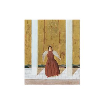 A figure in a long brown dress with white wings stands between two columns against a textured gold background.