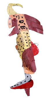 A colorful, patchwork-style figure with a whimsical and abstract aesthetic.