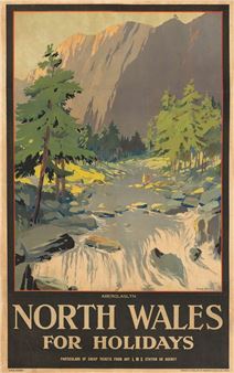 A vintage travel poster depicting a sunlit mountain valley with a flowing stream and tall pine trees.