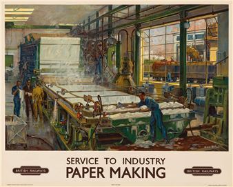 A vintage industrial poster depicting a bustling paper-making factory with workers operating large machinery.