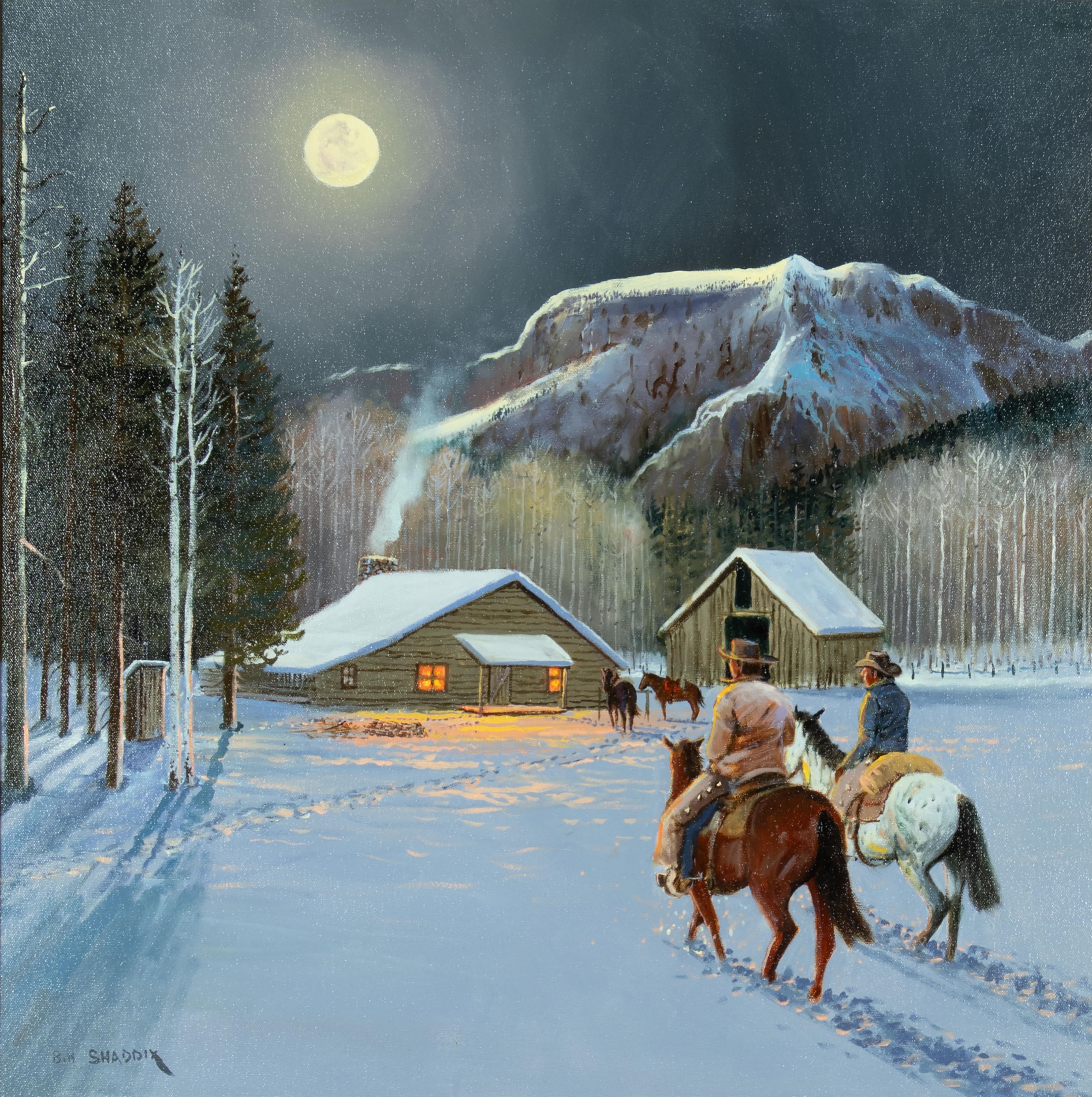 A moonlit winter scene with riders on horseback approaching a rustic cabin in the snow.