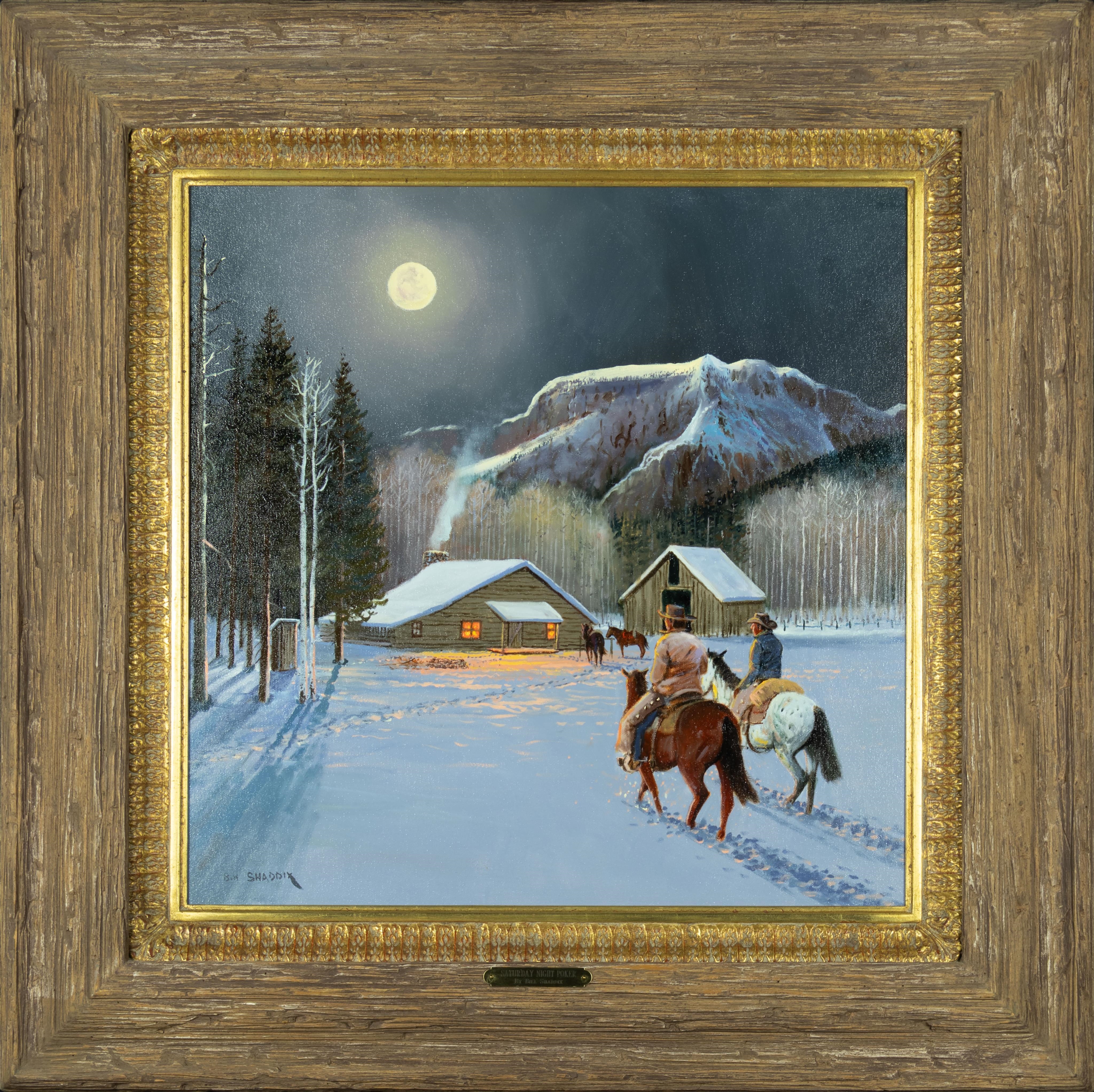 A moonlit winter scene with riders on horseback approaching a rustic cabin in the snow.