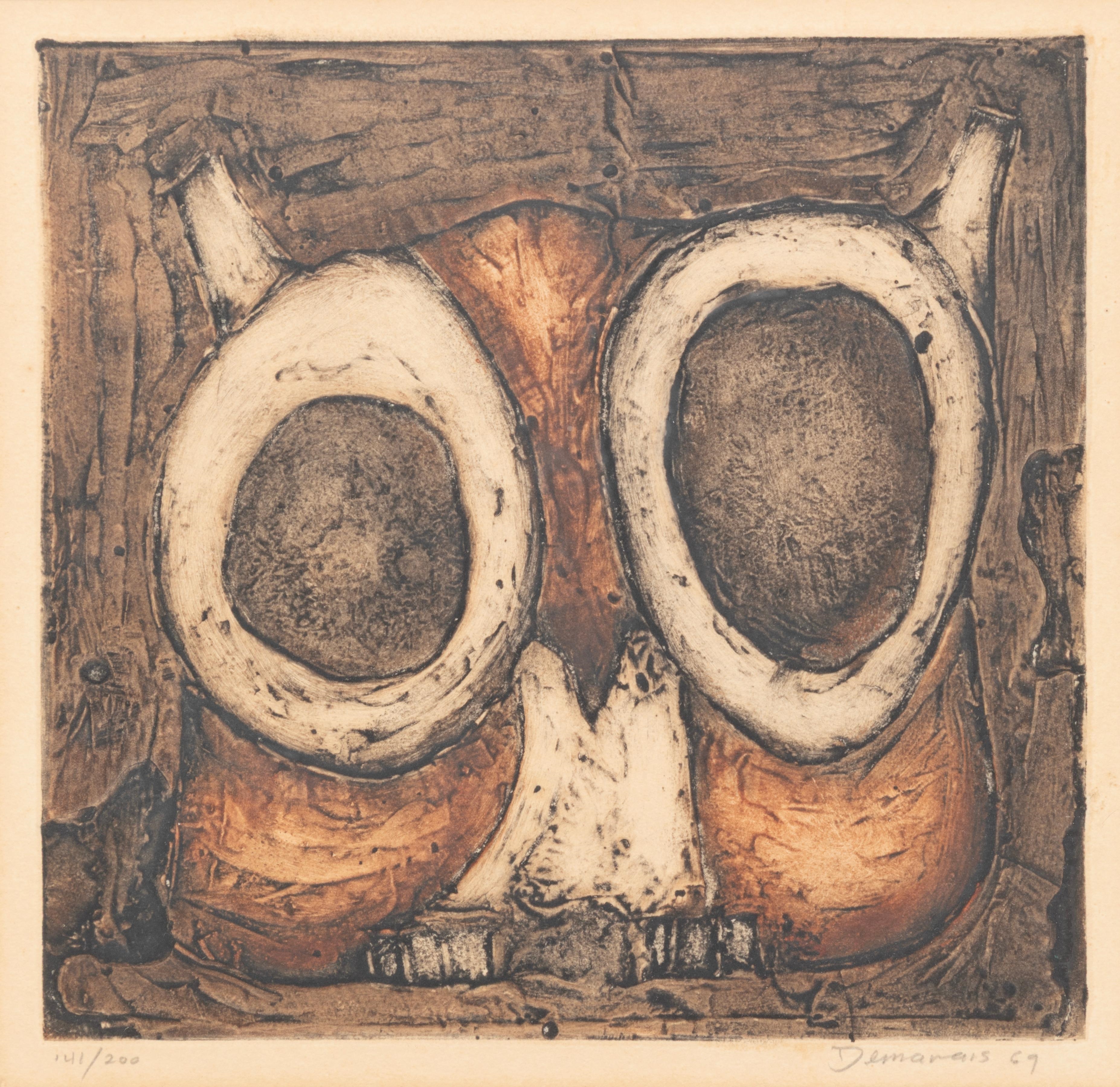 A framed etching of a stylized owl with large eyes and textured feathers against a neutral background.