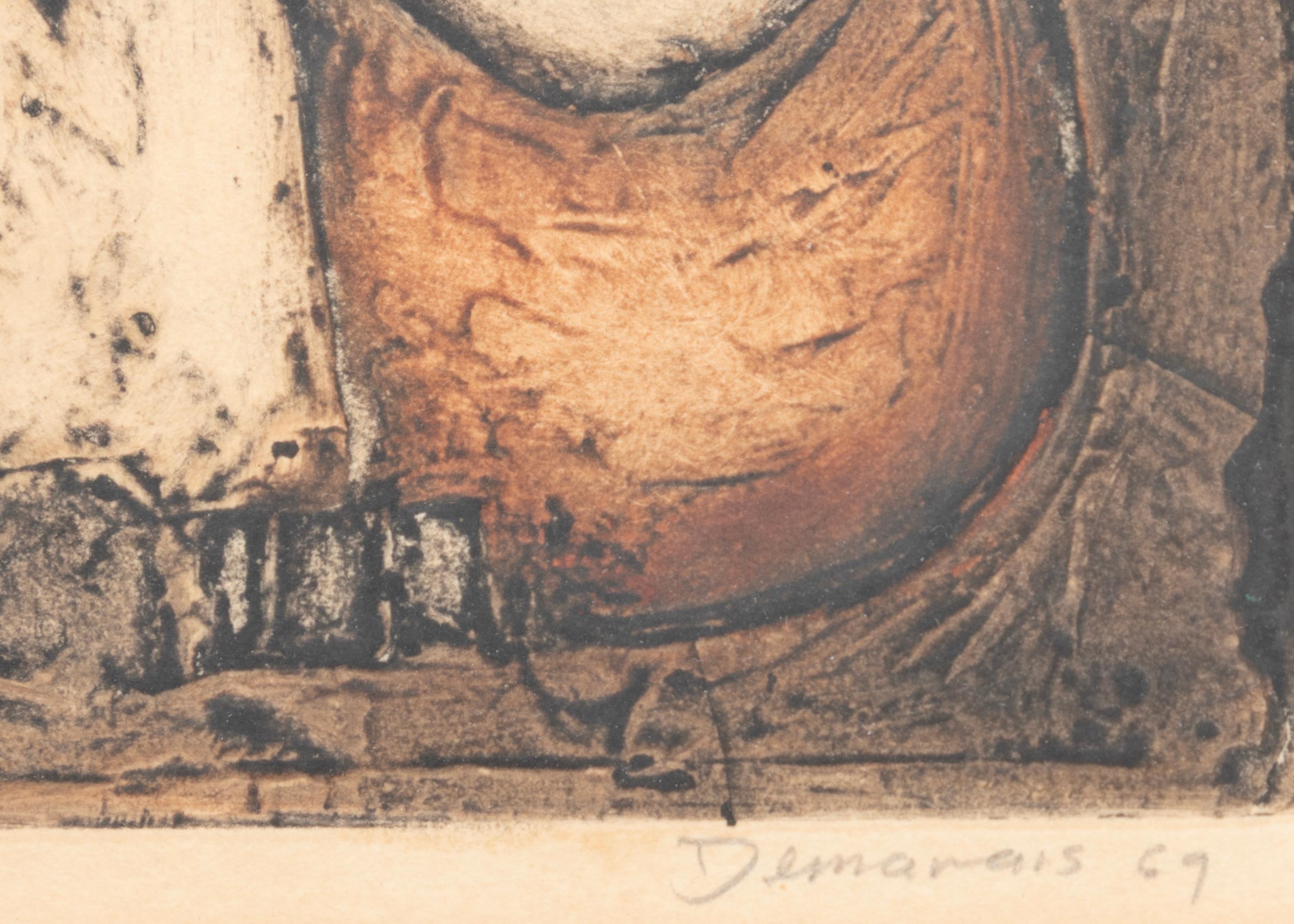 A framed etching of a stylized owl with large eyes and textured feathers against a neutral background.