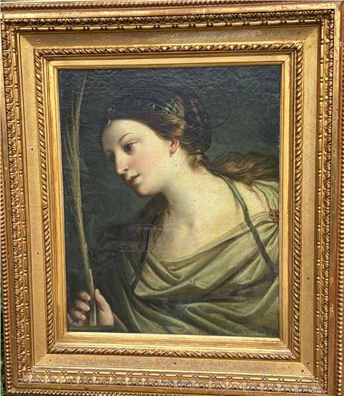 A large glazed oil painting of a classical portrait of a lady holding a palm branch, possibly Saint Catherine of Alexandria in the manner of Italian Baroque artist Guido Reni in an ornate heavy gilt frame - Guido Reni
