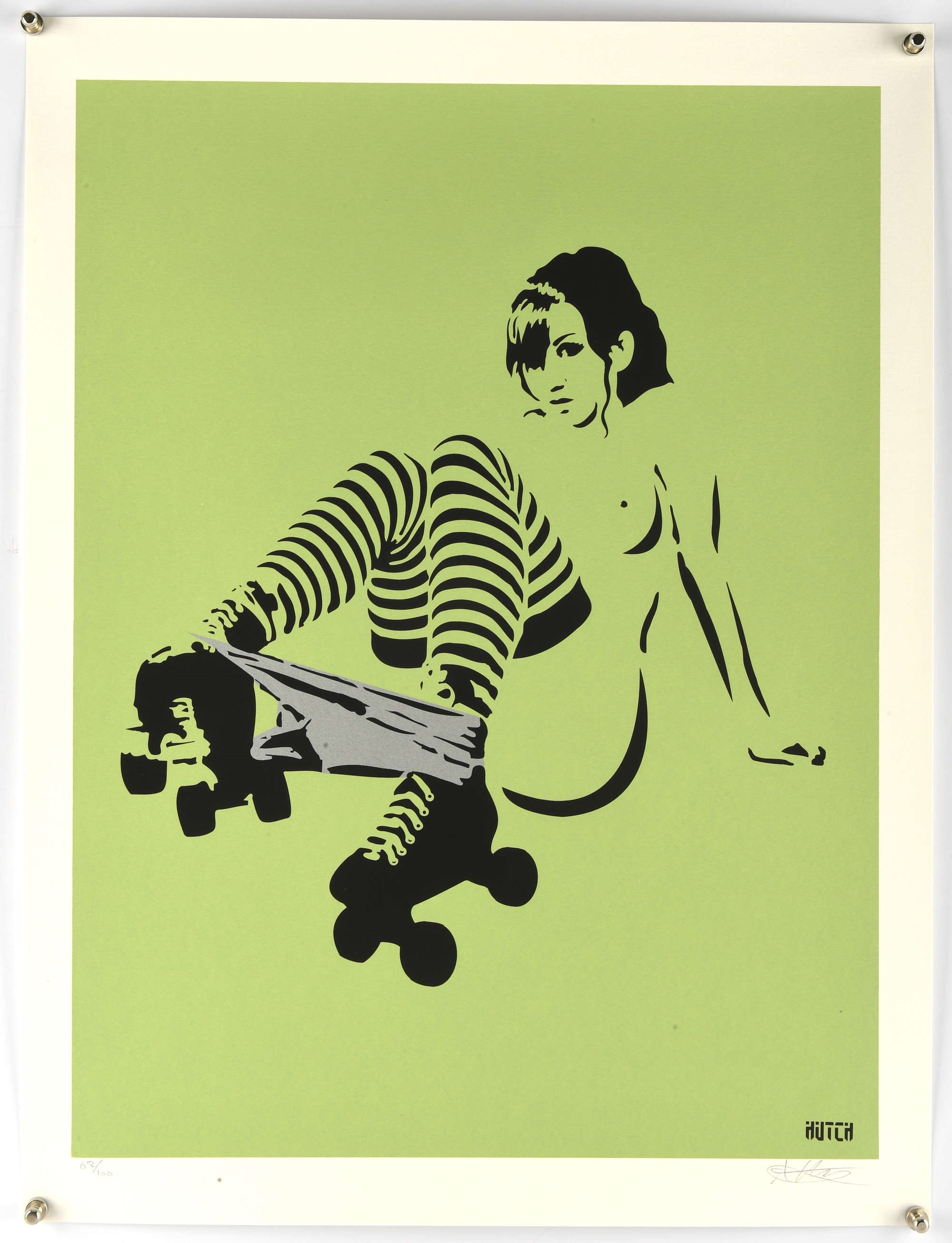 A bold graphic print of a figure in striped leggings holding roller skates against a flat green background.