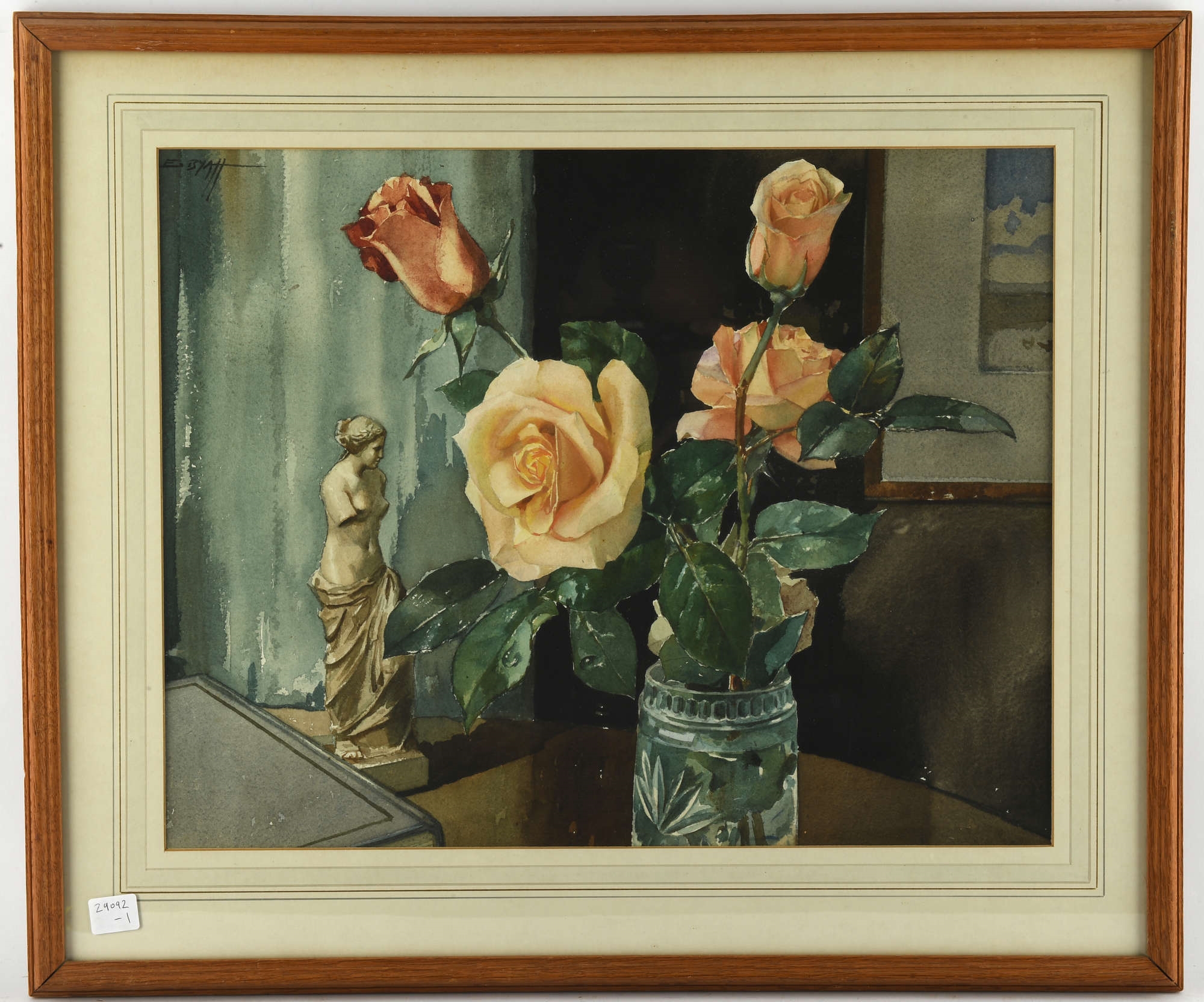 Edwin Byatt | a still life of pink roses along with a classical statue ...