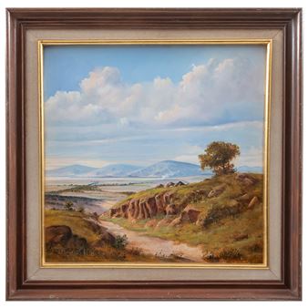 A landscape painting of a rocky hillside leading to distant mountains under a cloudy sky.