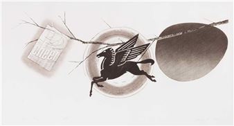A surreal composition featuring a winged horse, a branch, and abstract shapes against a plain background.