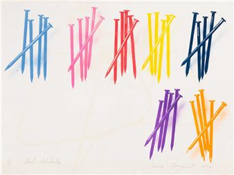 A colorful abstract composition of stylized nail-like forms arranged in groups across a plain background.