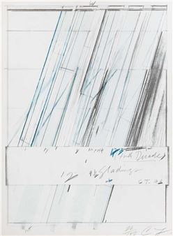 An abstract study featuring intersecting diagonal lines in charcoal and blue ink against a grid background.