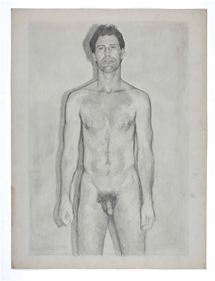 A monochromatic charcoal study of a standing nude male figure.
