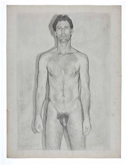 A monochromatic charcoal study of a standing nude male figure.