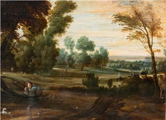 A pastoral landscape featuring a figure in the foreground with a dog, set against rolling hills and distant trees under a soft sky.