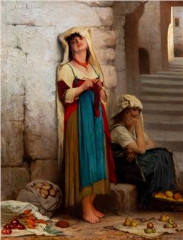 A classical painting of two women in colorful robes standing and sitting near a stone wall, surrounded by produce.