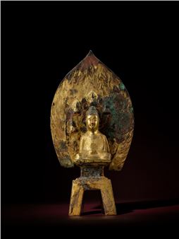 A rare large inscribed gilt-bronze votive figure of Shakyamuni Buddha