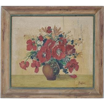 A still life painting of a vibrant bouquet of red poppies in a brown vase.