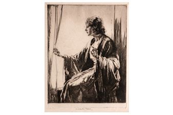 A monochromatic etching of a draped figure seated by a window, rendered in heavy cross-hatching.