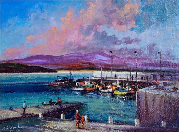 A vibrant oil painting of a harbor at twilight featuring colorful boats, distant mountains, and a dramatic sky.