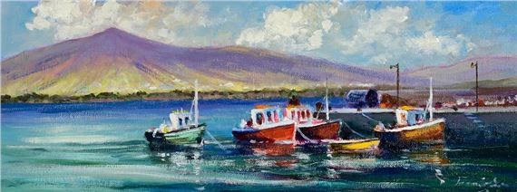 A serene seascape painting featuring several small boats anchored near a distant mountain under a cloudy sky.