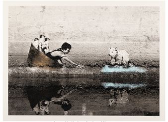 A surreal black-and-white scene where a group of figures in a boat reach toward a white animal standing on water.