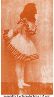 A monochromatic print of a figure in a striped dress, captured in profile against a textured background.