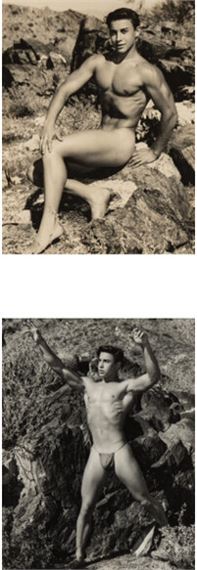 A black-and-white diptych of a muscular figure in a rocky landscape.