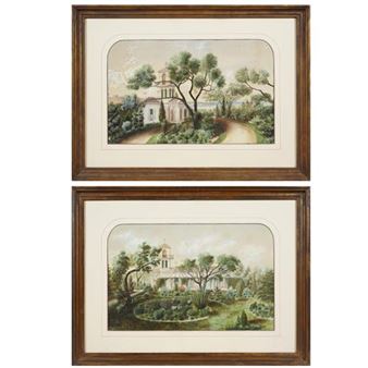A pair of framed landscape paintings depicting classical gardens with white buildings and lush greenery.