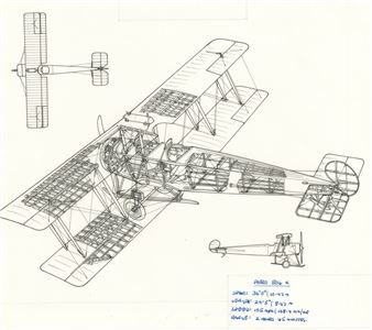 A technical blueprint-style drawing of a biplane aircraft.