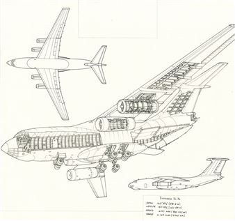 A technical blueprint of a large transport aircraft showing multiple views and internal structure.