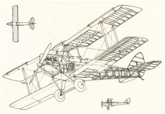 A technical blueprint-style drawing of a biplane with detailed mechanical components.