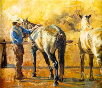 A painterly scene of a figure in western attire grooming a horse against a warm, golden background.